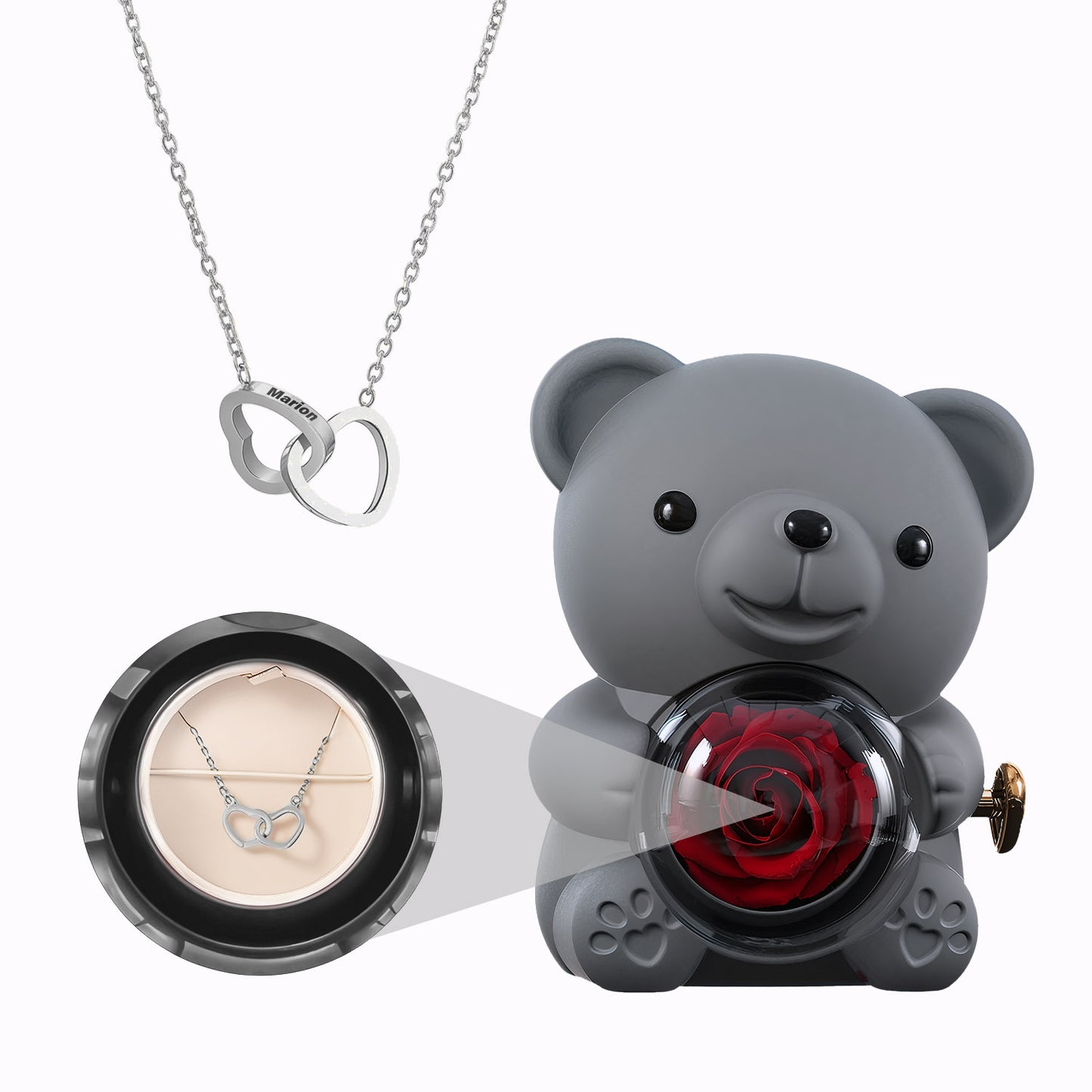 Coffret Ours Rose Eternelle - Collier Cœurs Gravés
