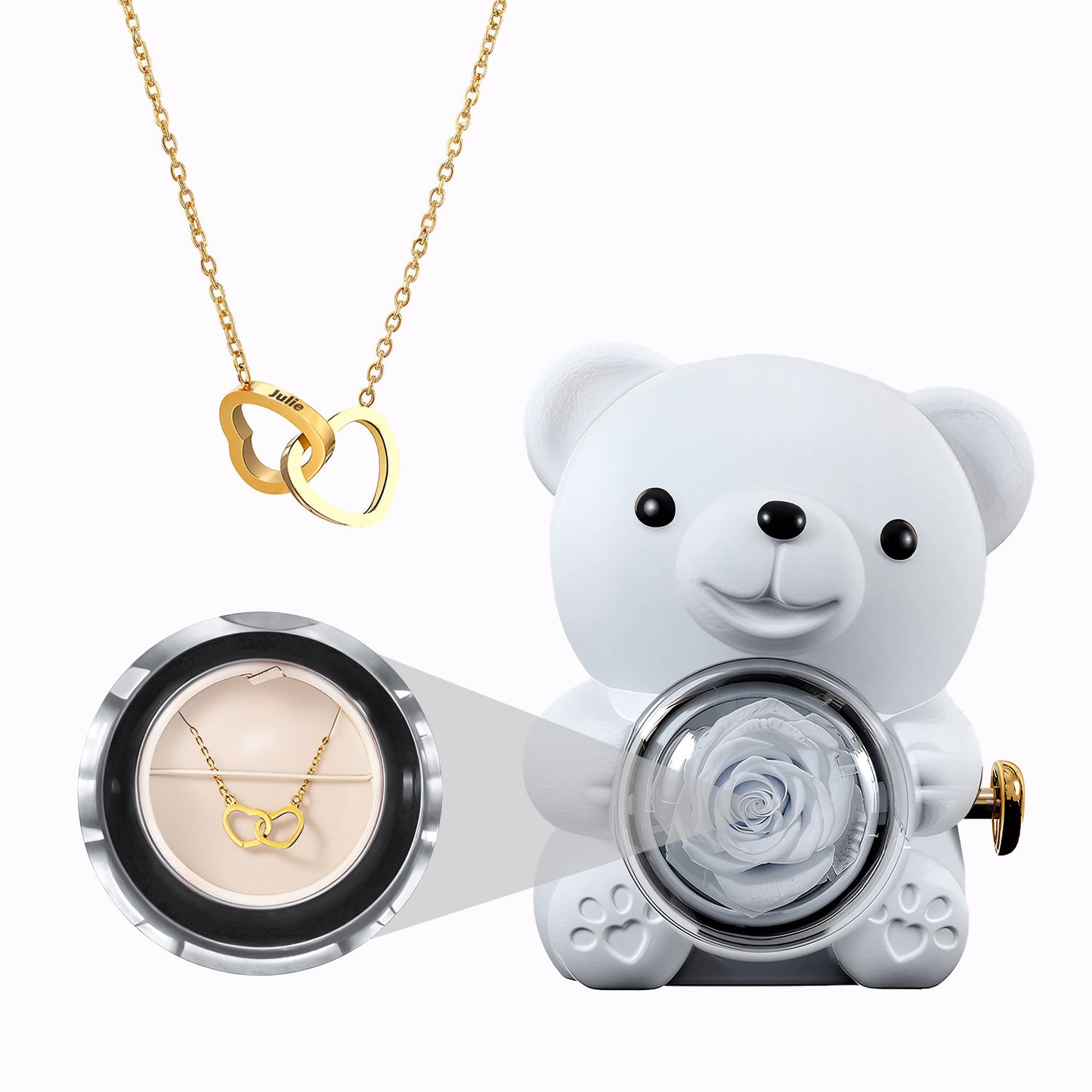 Coffret Ours Rose Eternelle - Collier Cœurs Gravés