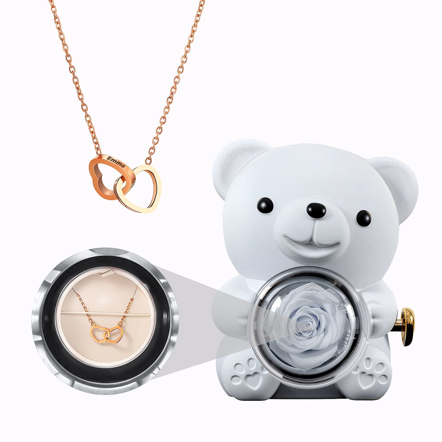 Coffret Ours Rose Eternelle - Collier Cœurs Gravés