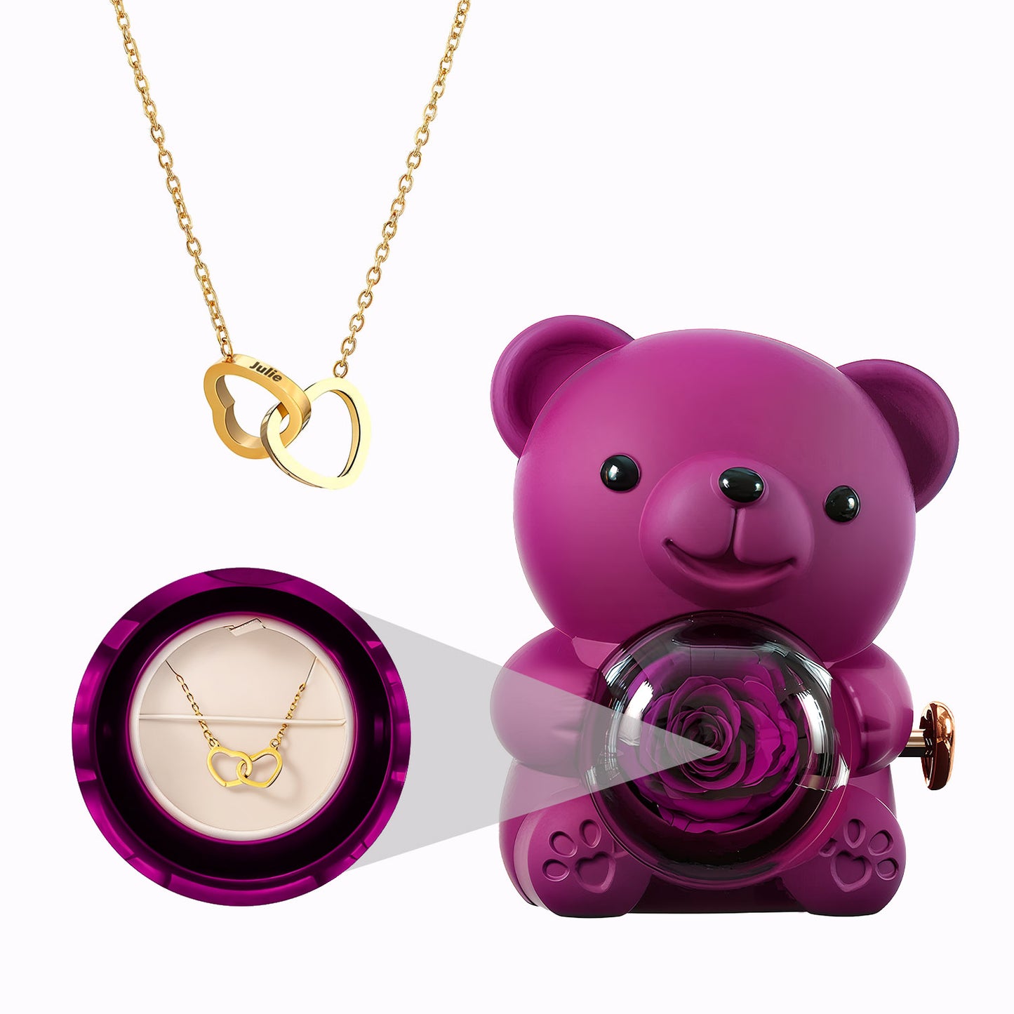 Coffret Ours Rose Eternelle - Collier Cœurs Gravés