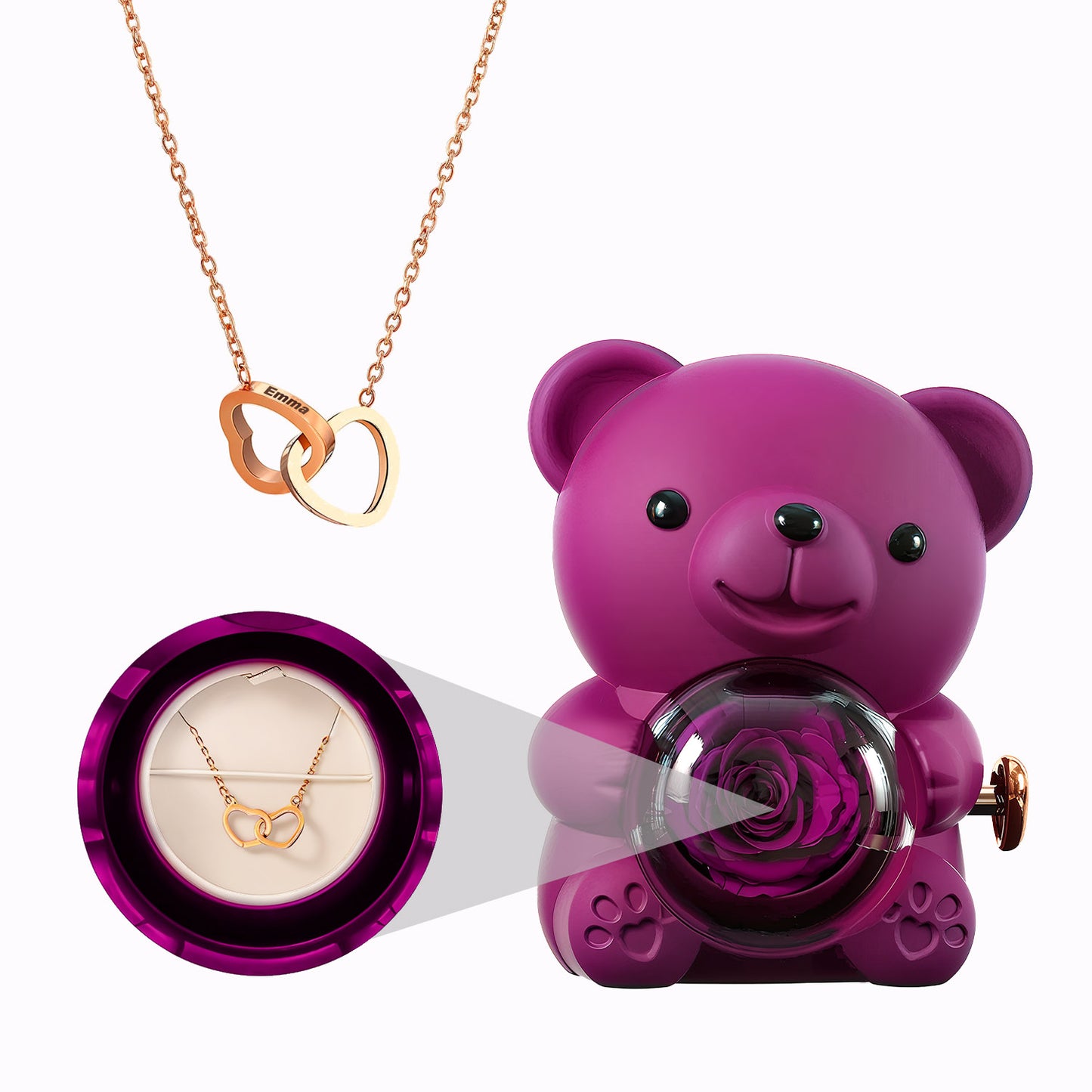 Coffret Ours Rose Eternelle - Collier Cœurs Gravés