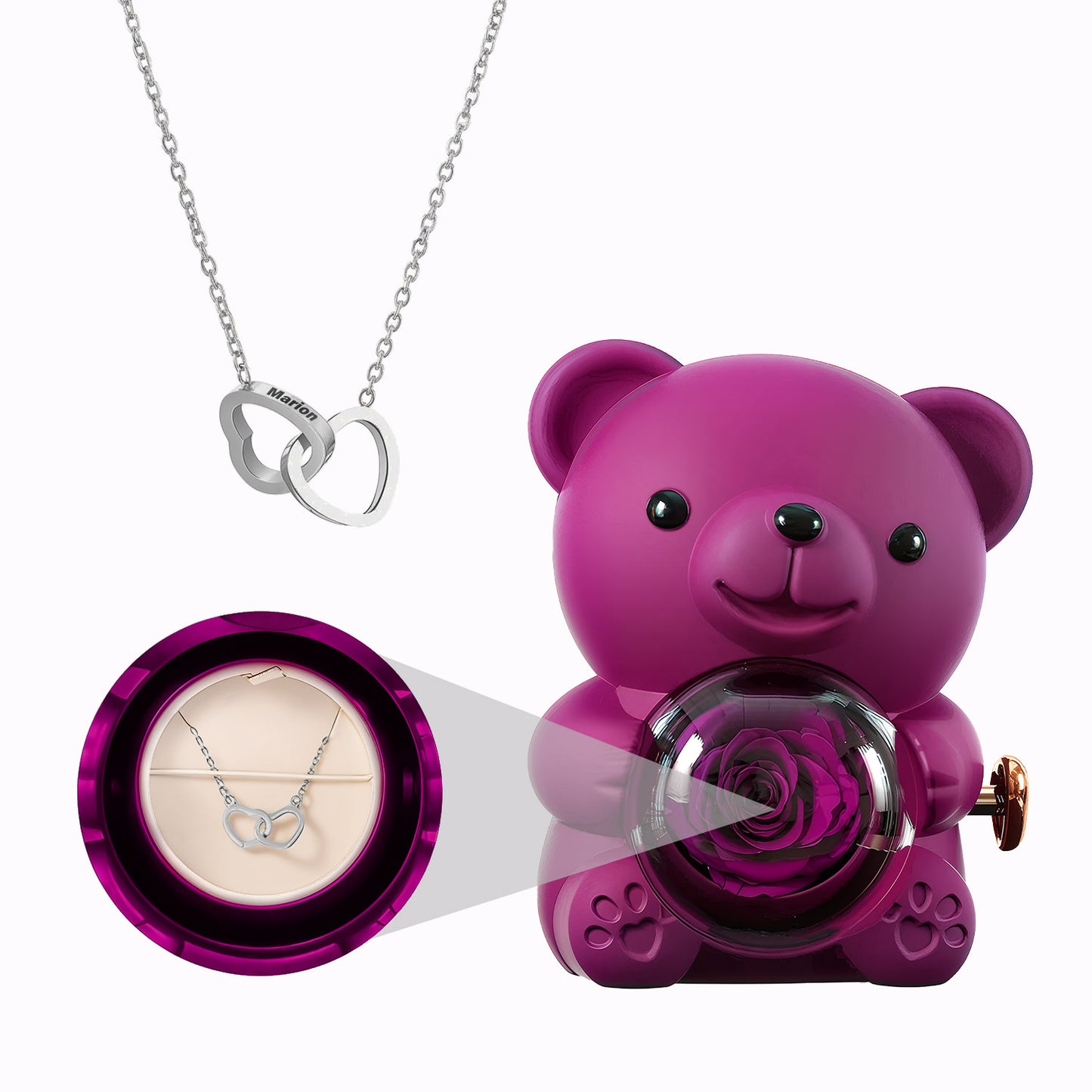Coffret Ours Rose Eternelle - Collier Cœurs Gravés
