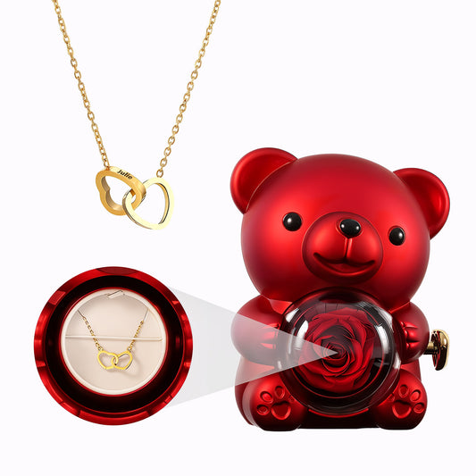 Coffret Ours Rose Eternelle - Collier Cœurs Gravés