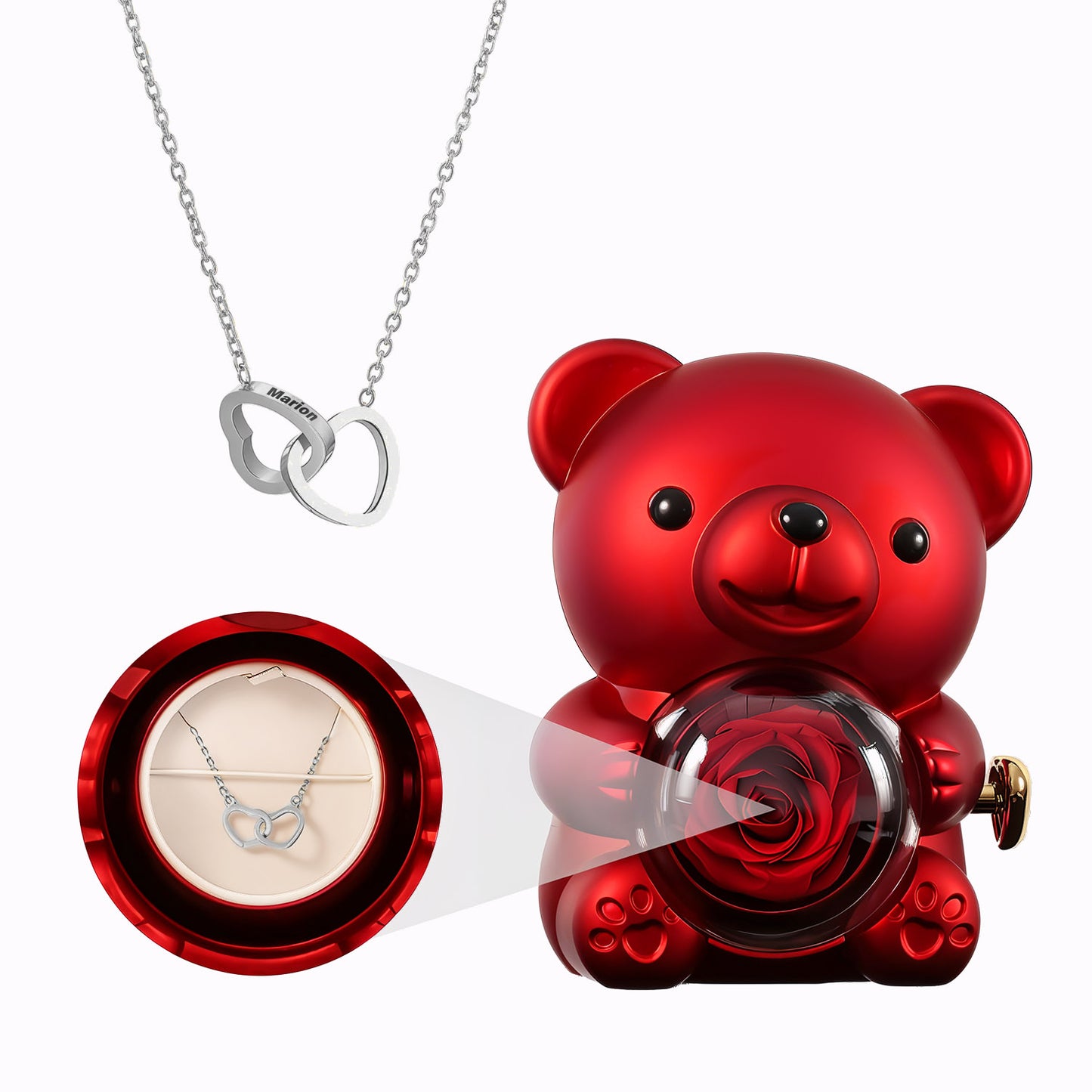 Coffret Ours Rose Eternelle - Collier Cœurs Gravés