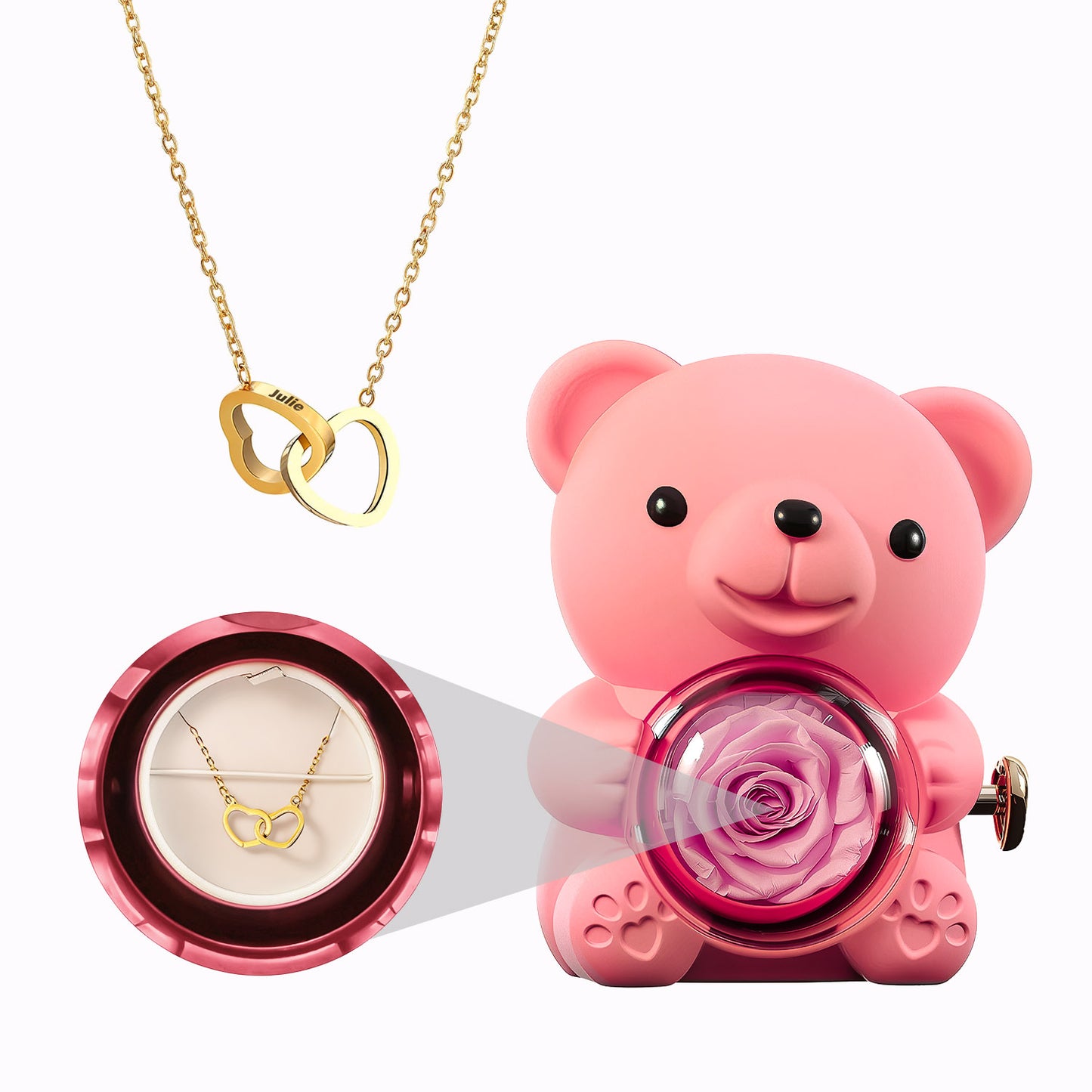 Coffret Ours Rose Eternelle - Collier Cœurs Gravés