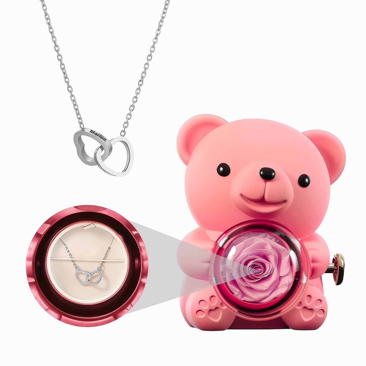 Coffret Ours Rose Eternelle - Collier Cœurs Gravés