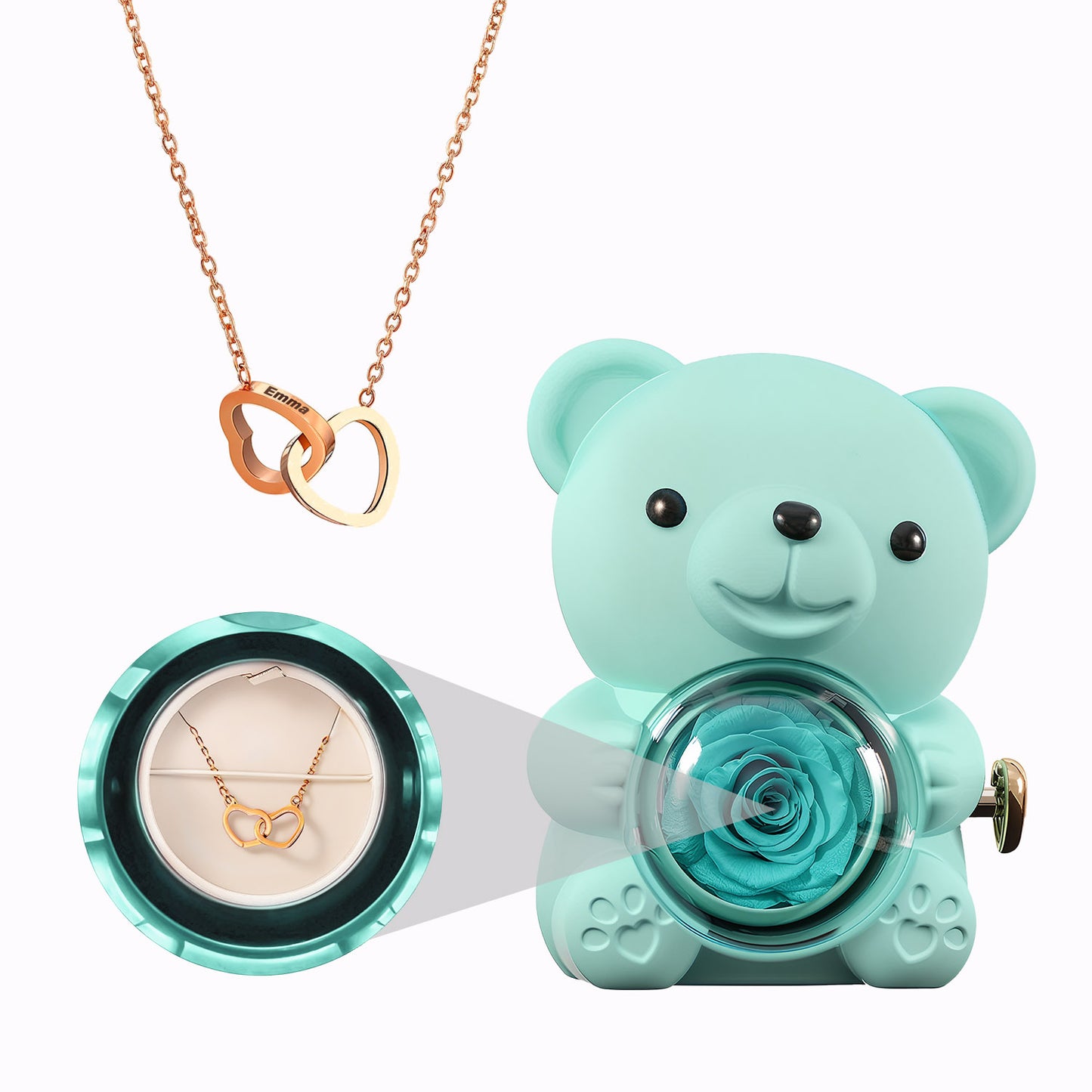Coffret Ours Rose Eternelle - Collier Cœurs Gravés