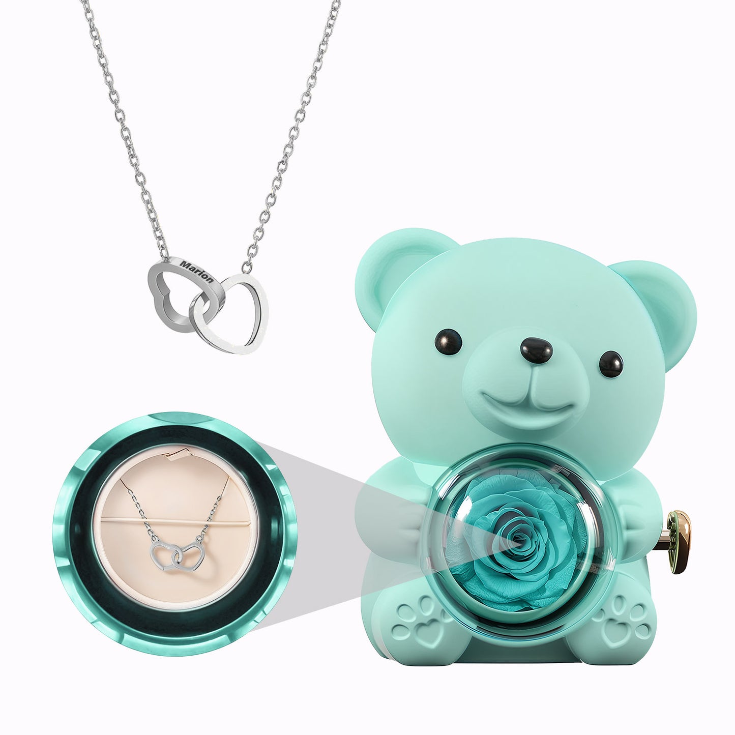 Coffret Ours Rose Eternelle - Collier Cœurs Gravés